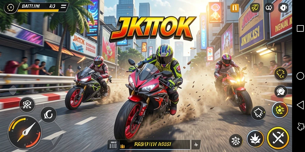 Screenshot gameplay JKTOK menunjukkan balapan motor yang mendebarkan dengan efek visual yang menakjubkan.
