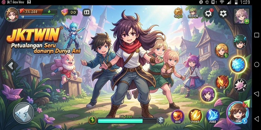 Tampilan gameplay JKTWIN dengan karakter Anime yang beraksi di medan perang.