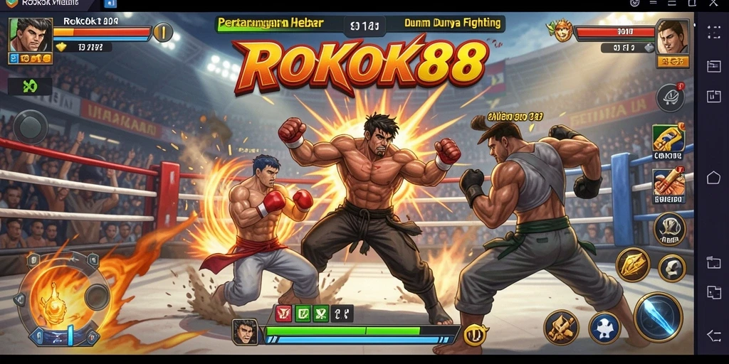 Screenshot gameplay ROKOK88 menampilkan pertarungan seru dan karakter kuat.