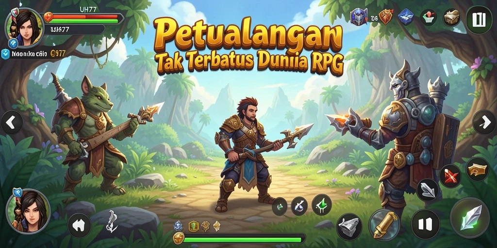 Tangkapan layar utama UH77 menampilkan aksi pertarungan mendebarkan di dunia RPG.