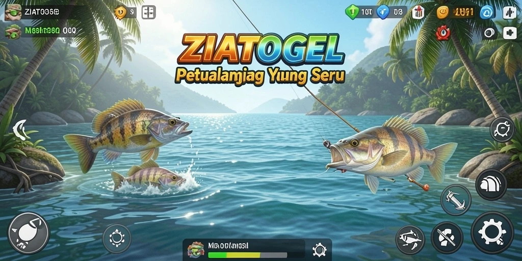 Tampilan gameplay seru dalam aplikasi ZIATOGEL saat memancing.